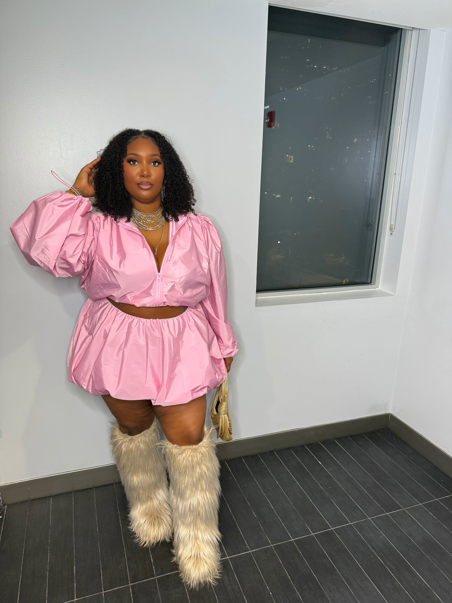 Windbreaker Bubble Skirt Set w Jacket Pink