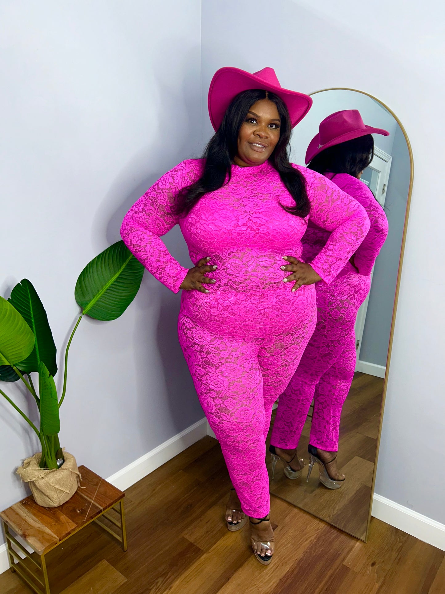 Lux Lace Jumpsuit & Satin Skirt Set Fuchsia