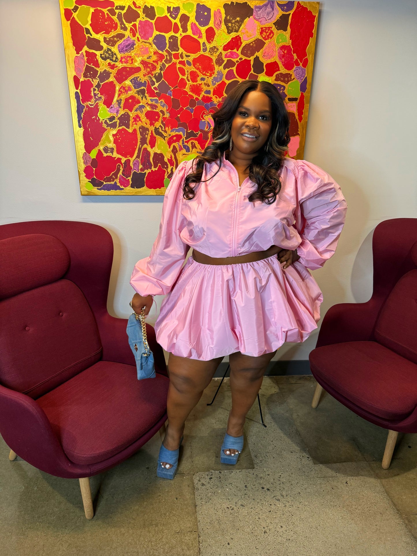 Windbreaker Bubble Skirt Set w Jacket Pink