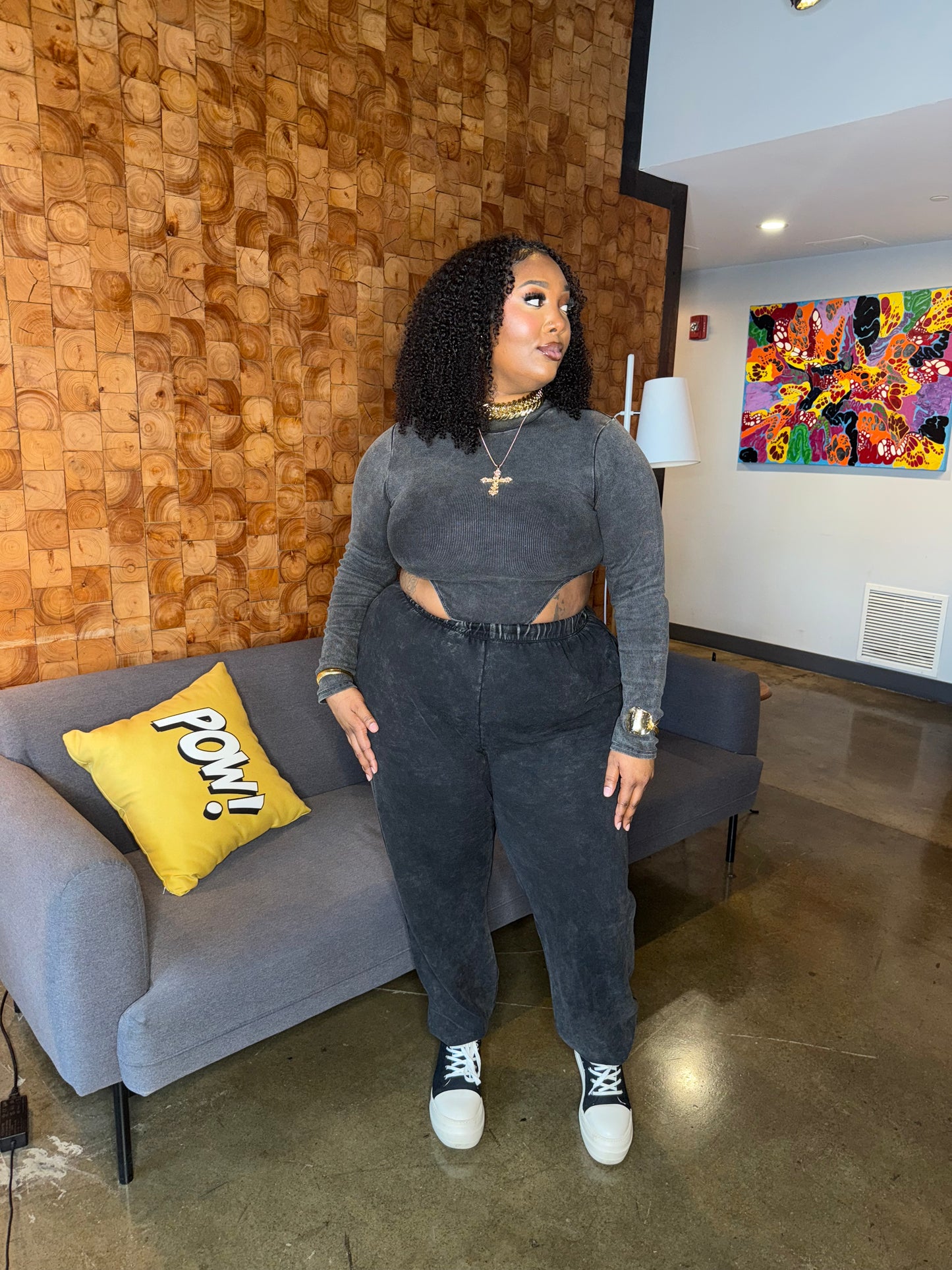 Mock Neck Bodysuit & Jogger Set Charcoal