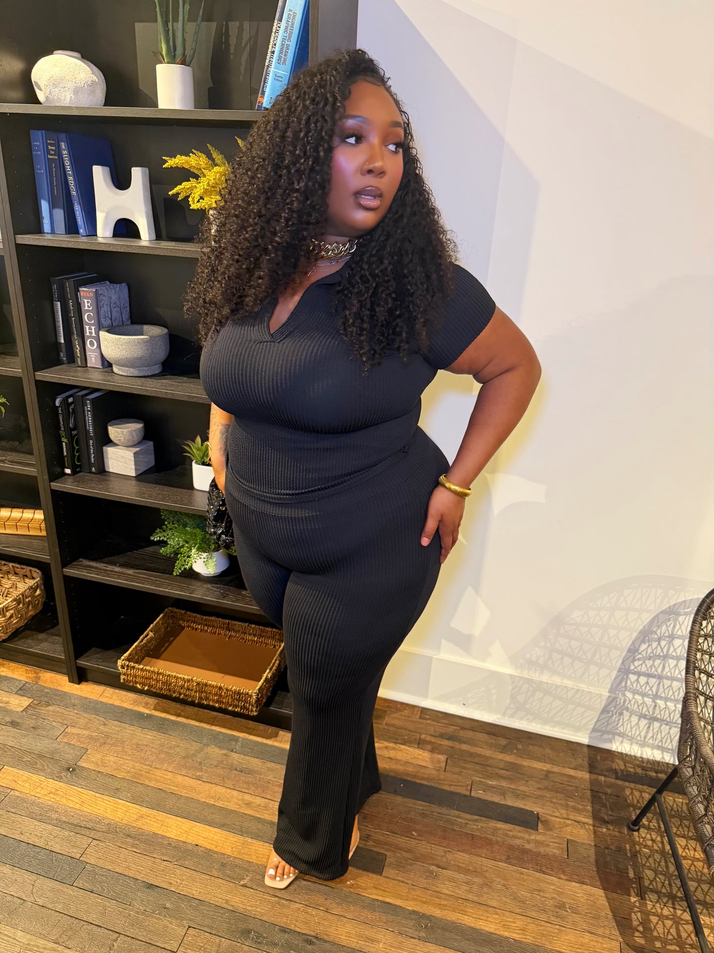 Black Ribbed Flare Pant Set