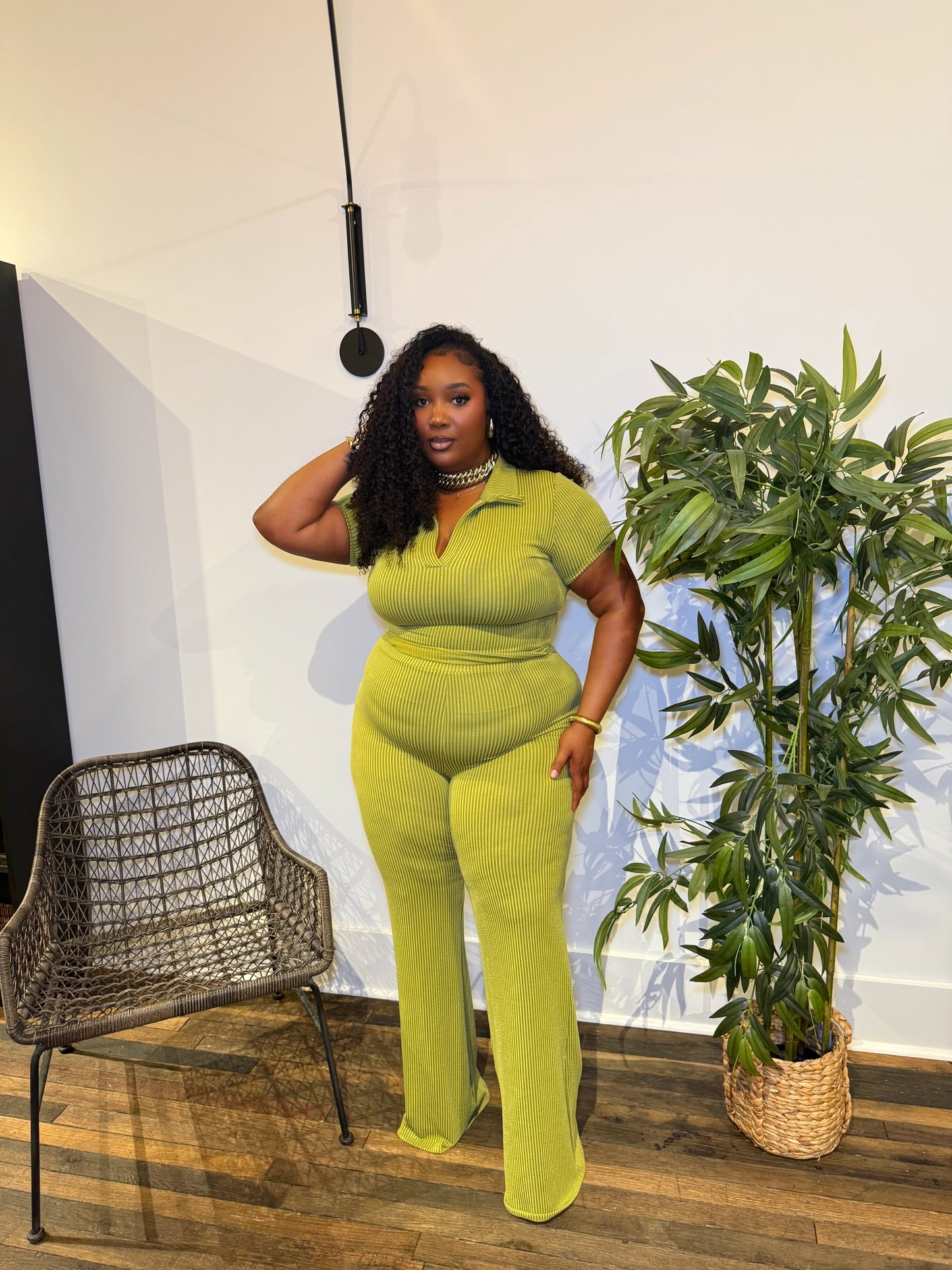 Ribbed Flare Pant Set Green