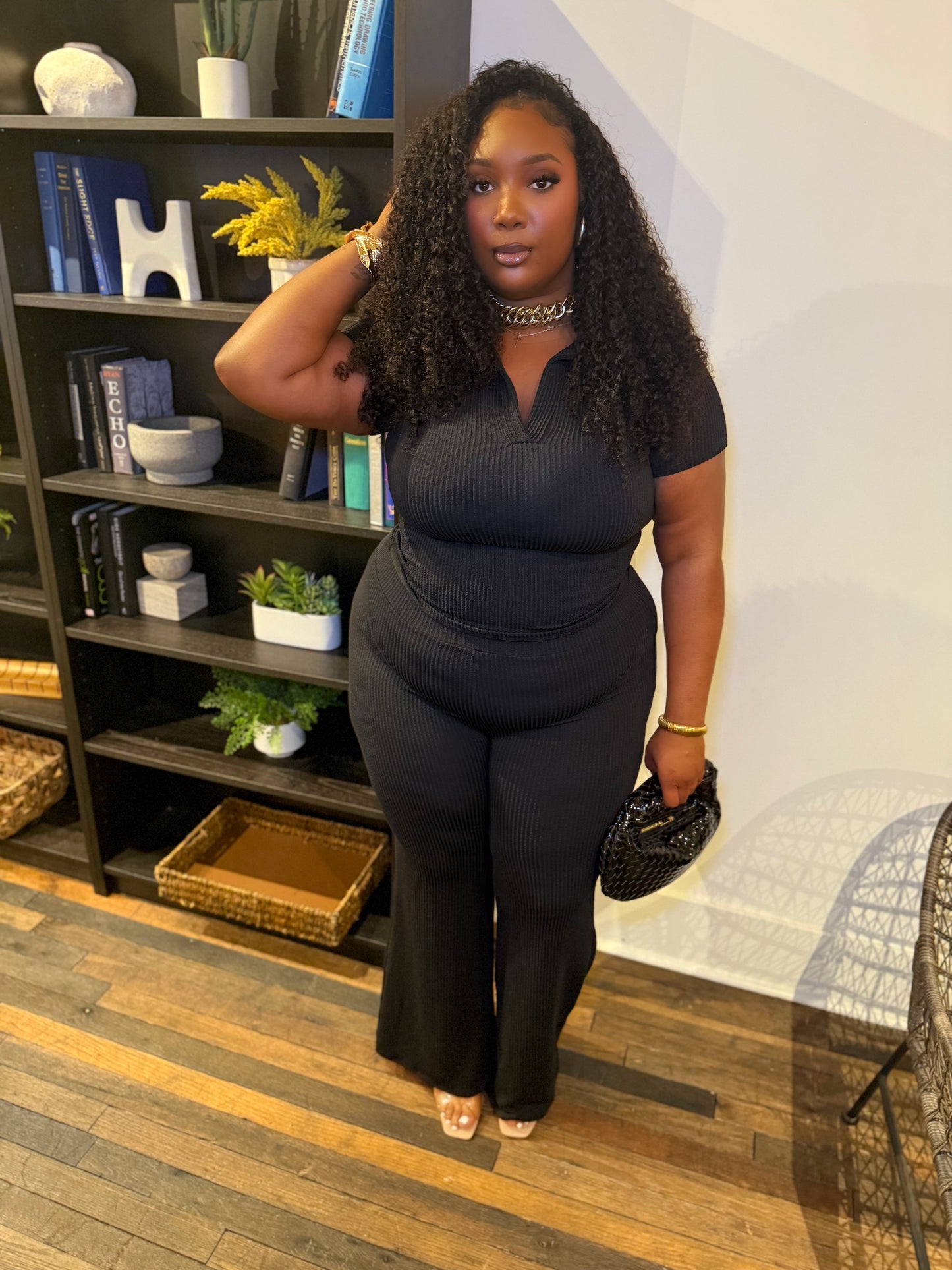 Black Ribbed Flare Pant Set