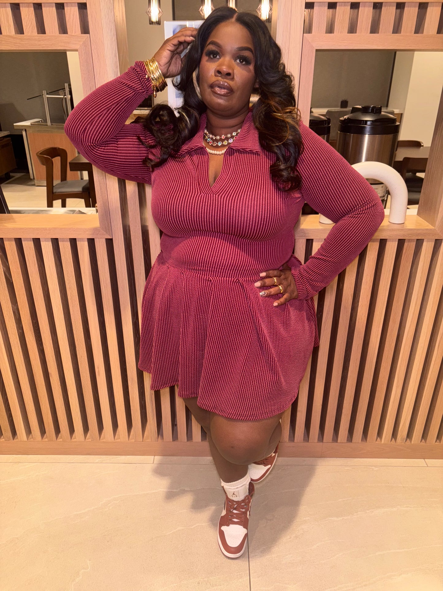 VK Ribbed Skater Dress Burgundy