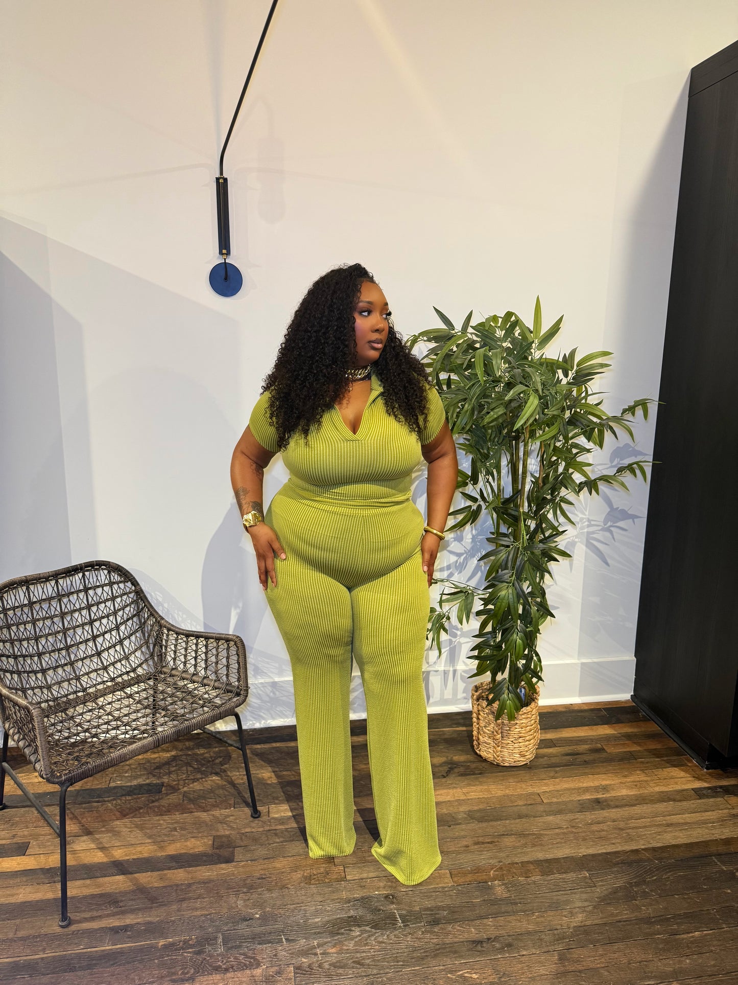 Ribbed Flare Pant Set Green
