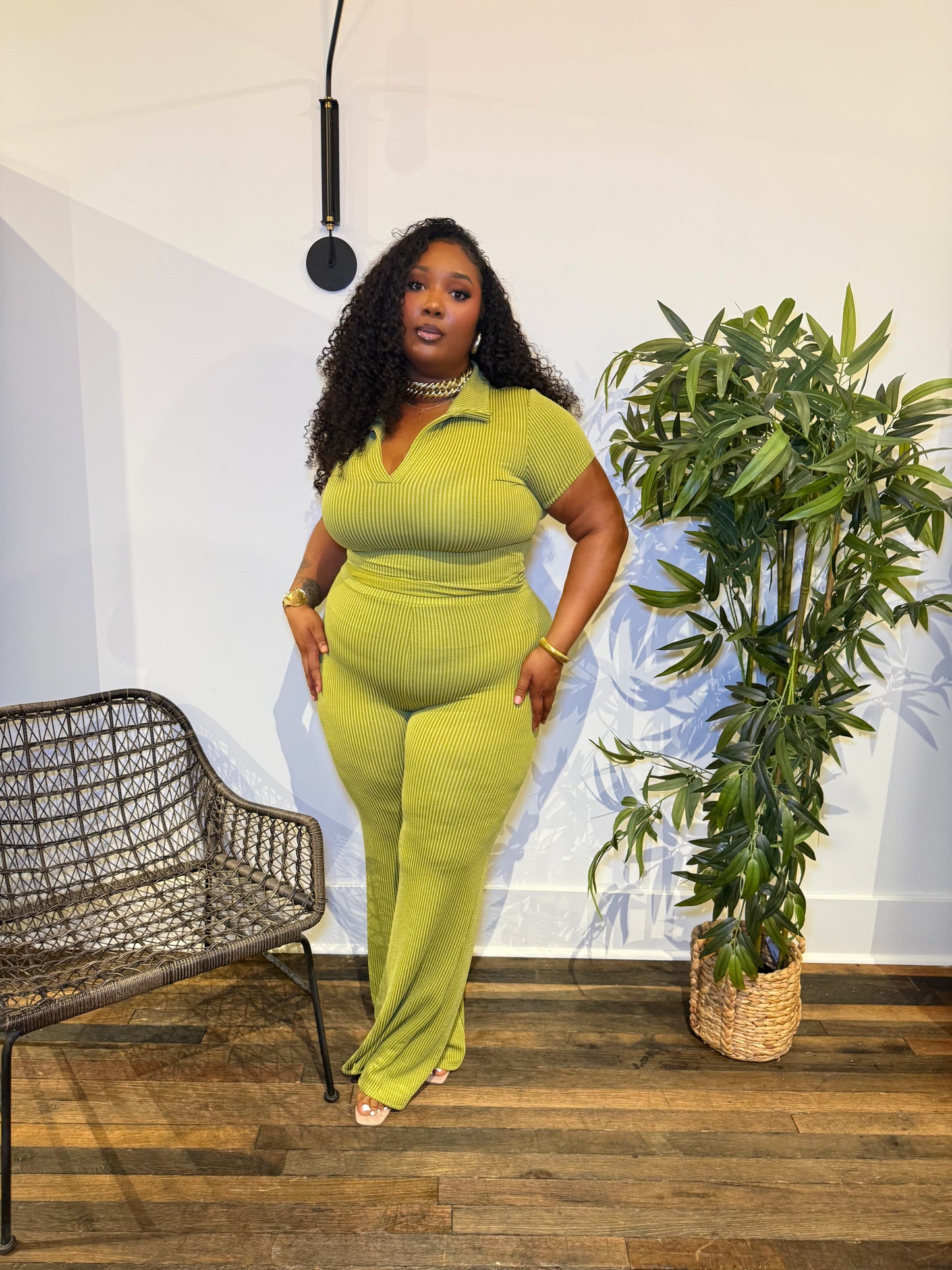 Ribbed Flare Pant Set Green