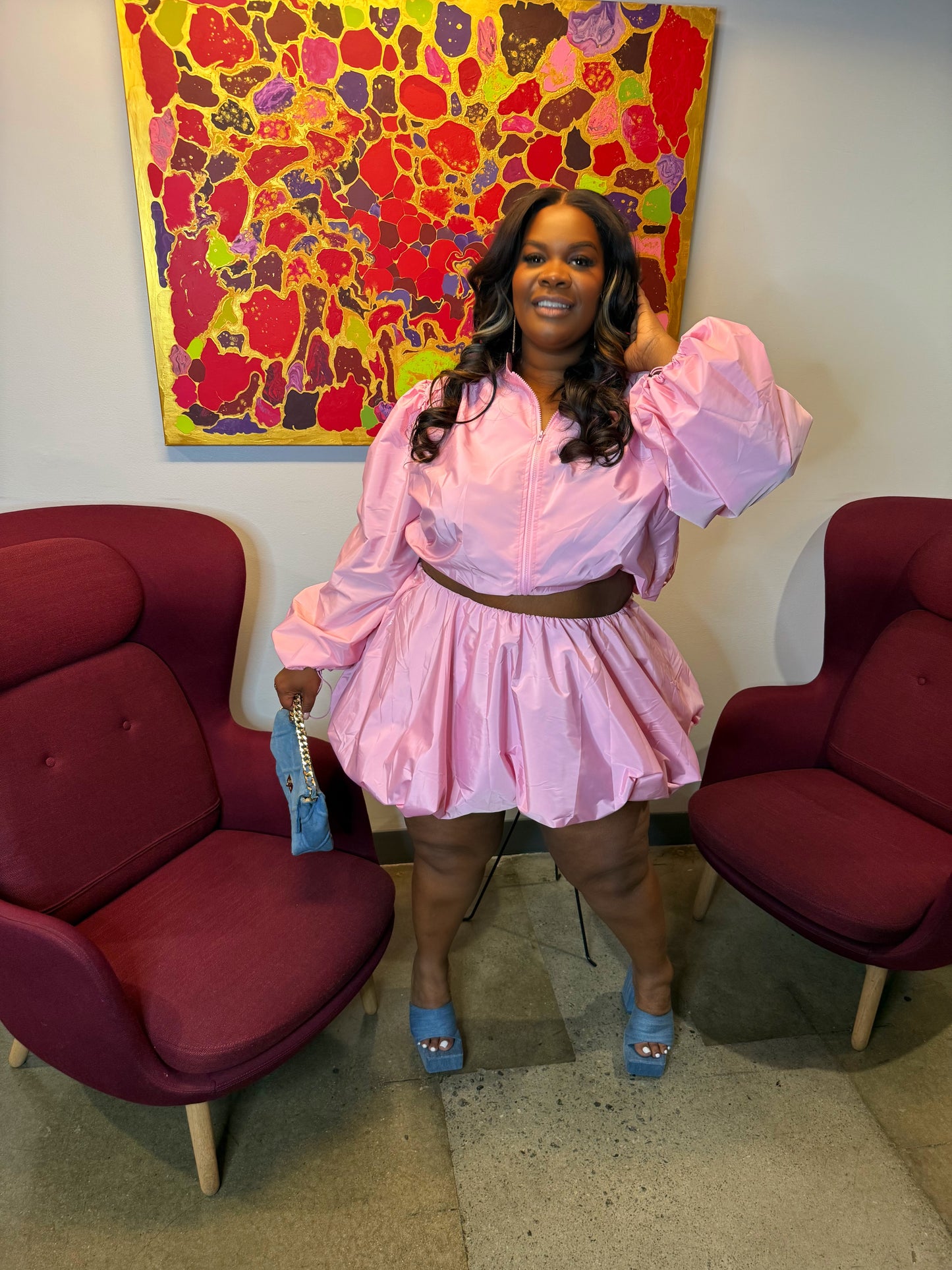 Windbreaker Bubble Skirt Set w Jacket Pink