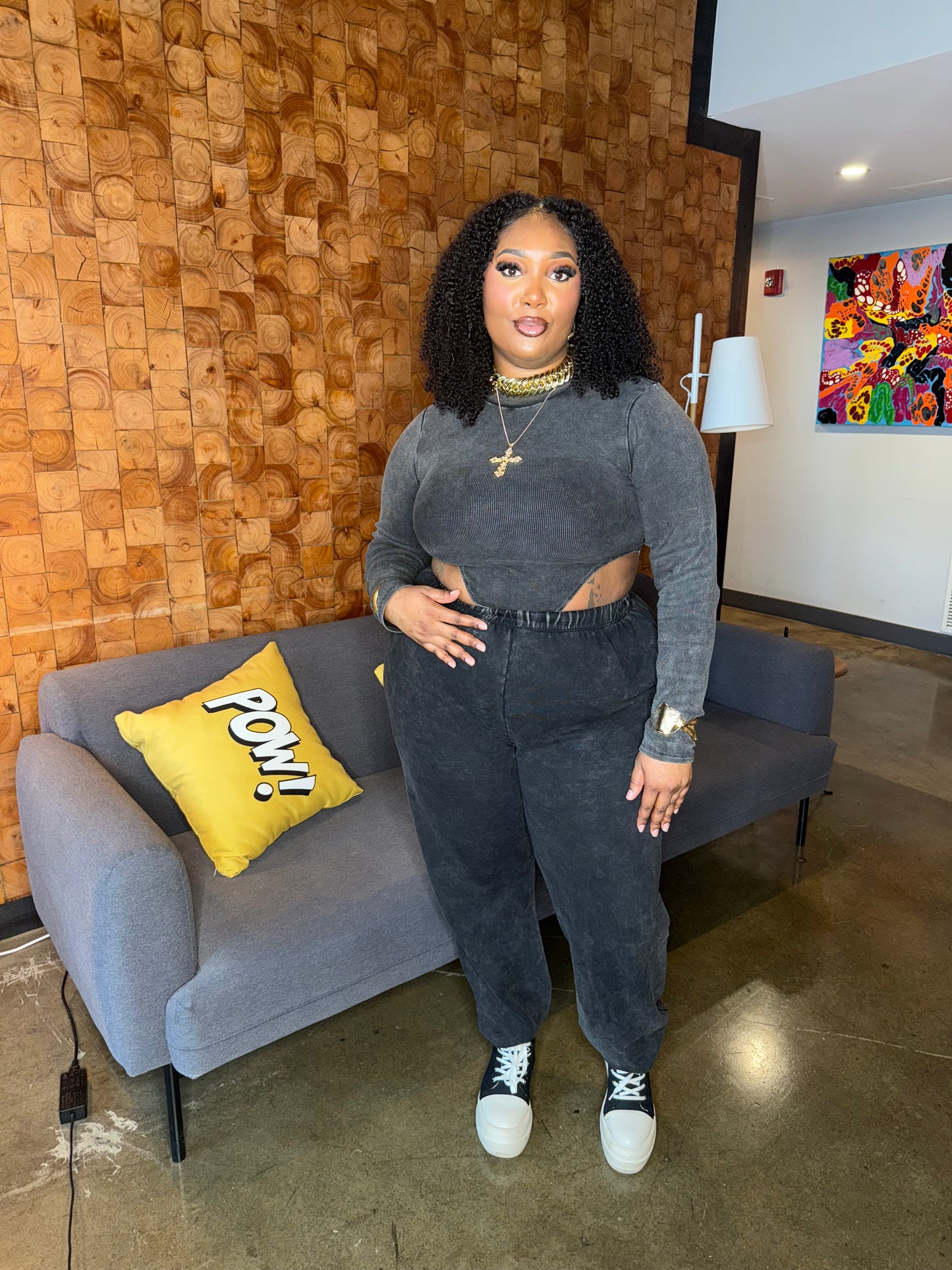 Mock Neck Bodysuit & Jogger Set Charcoal