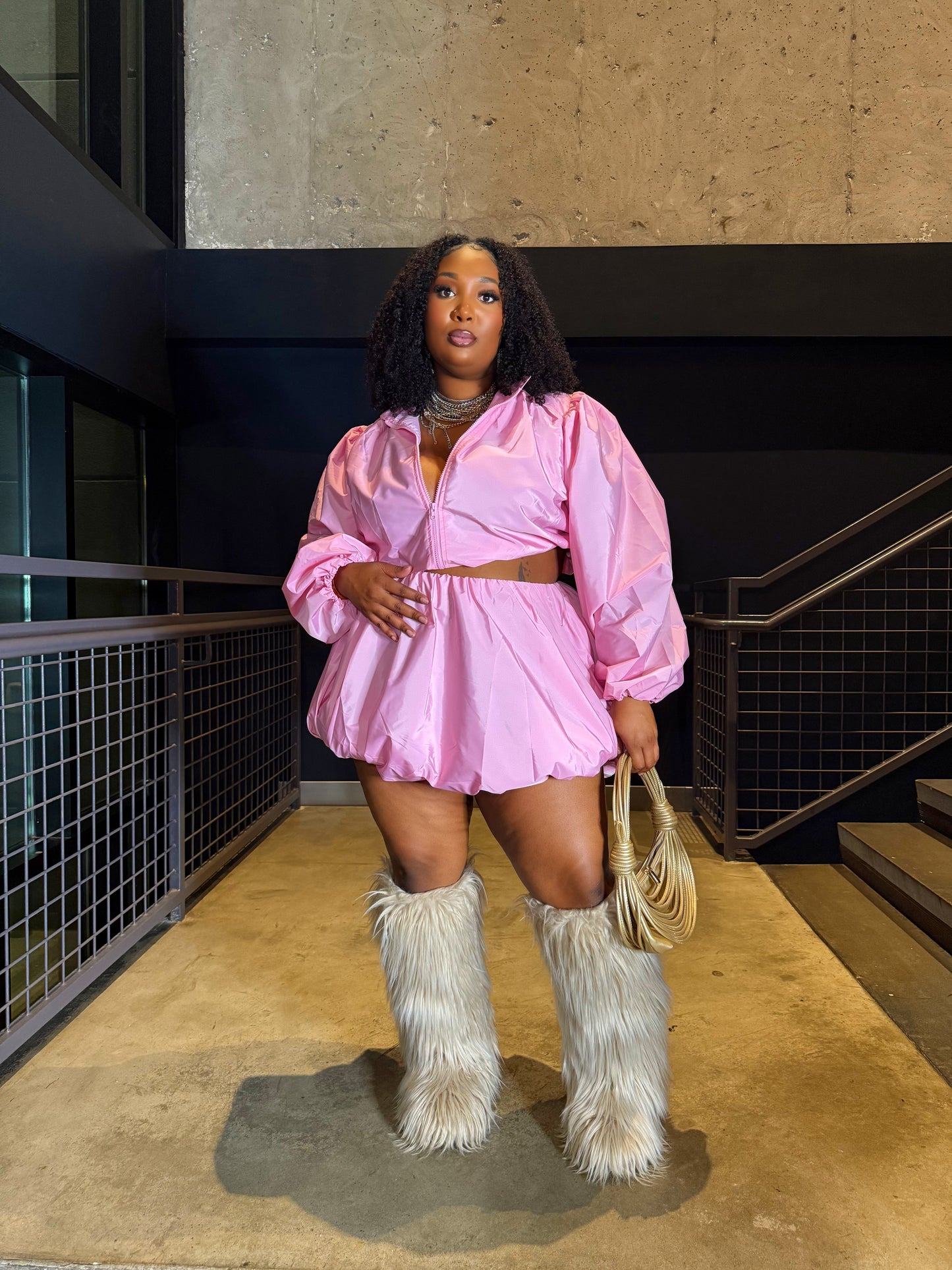 Windbreaker Bubble Skirt Set w Jacket Pink
