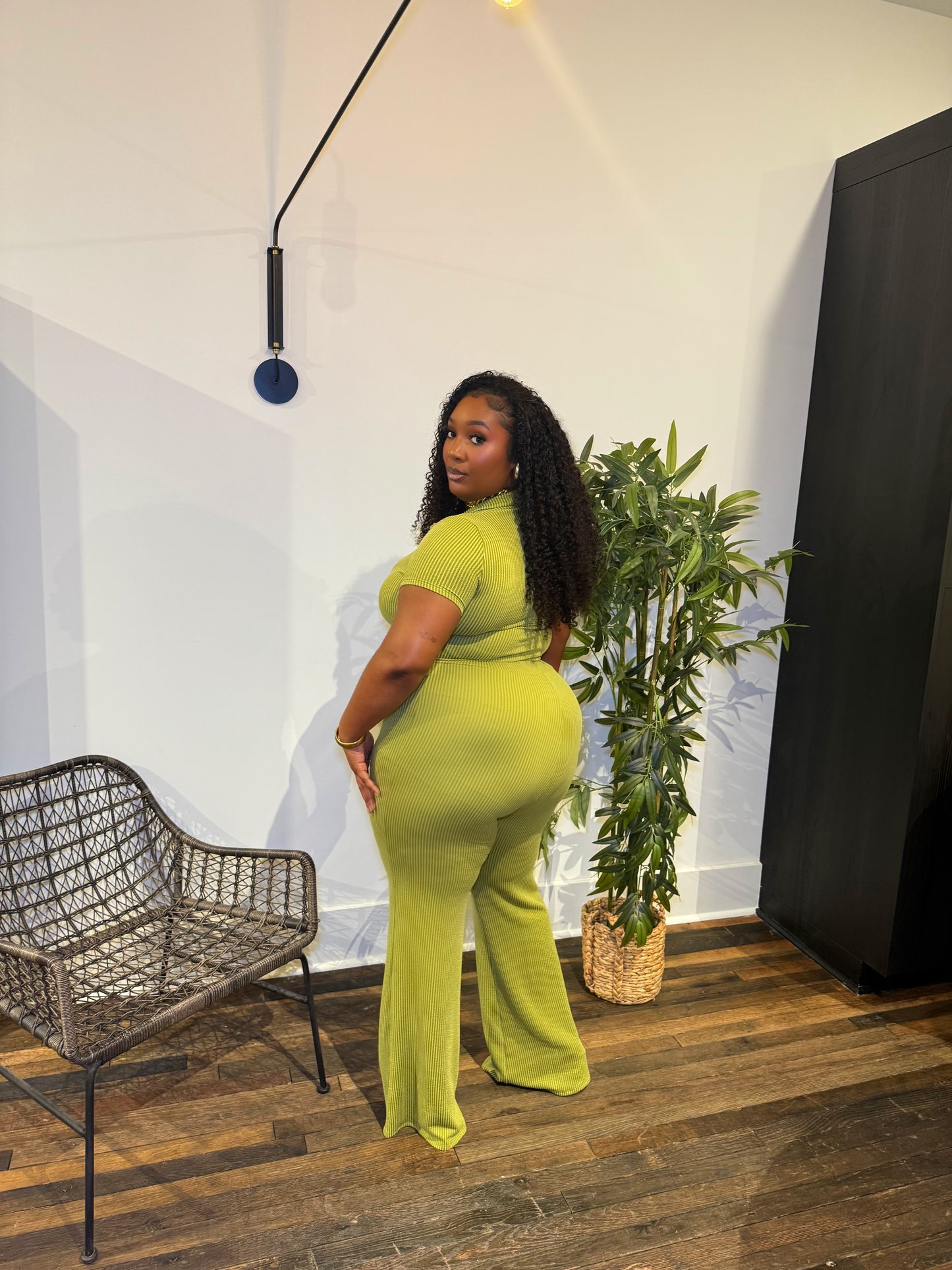 Ribbed Flare Pant Set Green