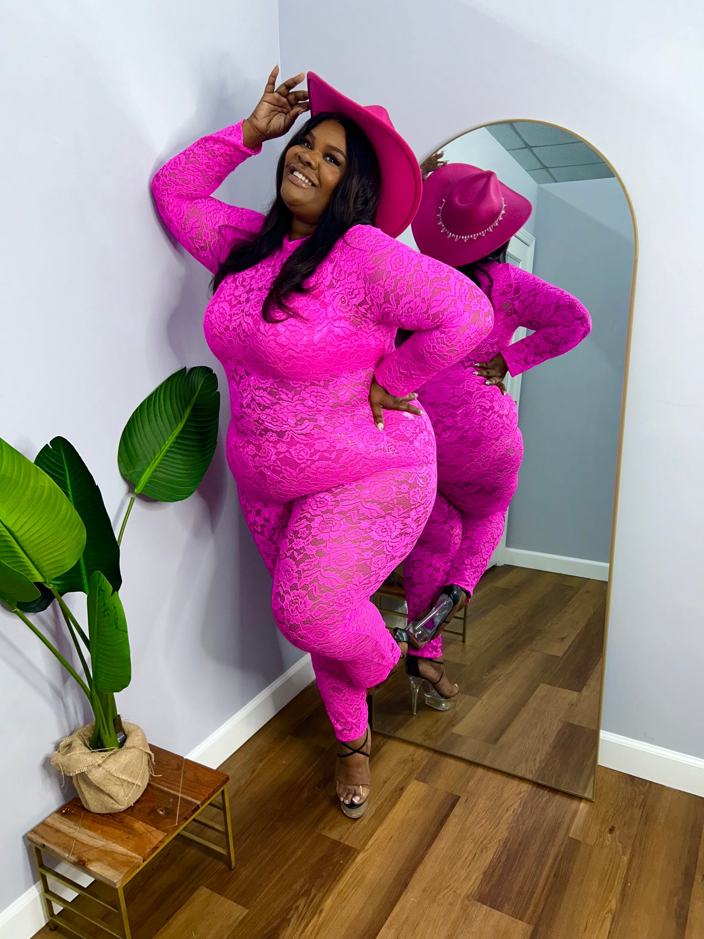 Lux Lace Jumpsuit & Satin Skirt Set Fuchsia