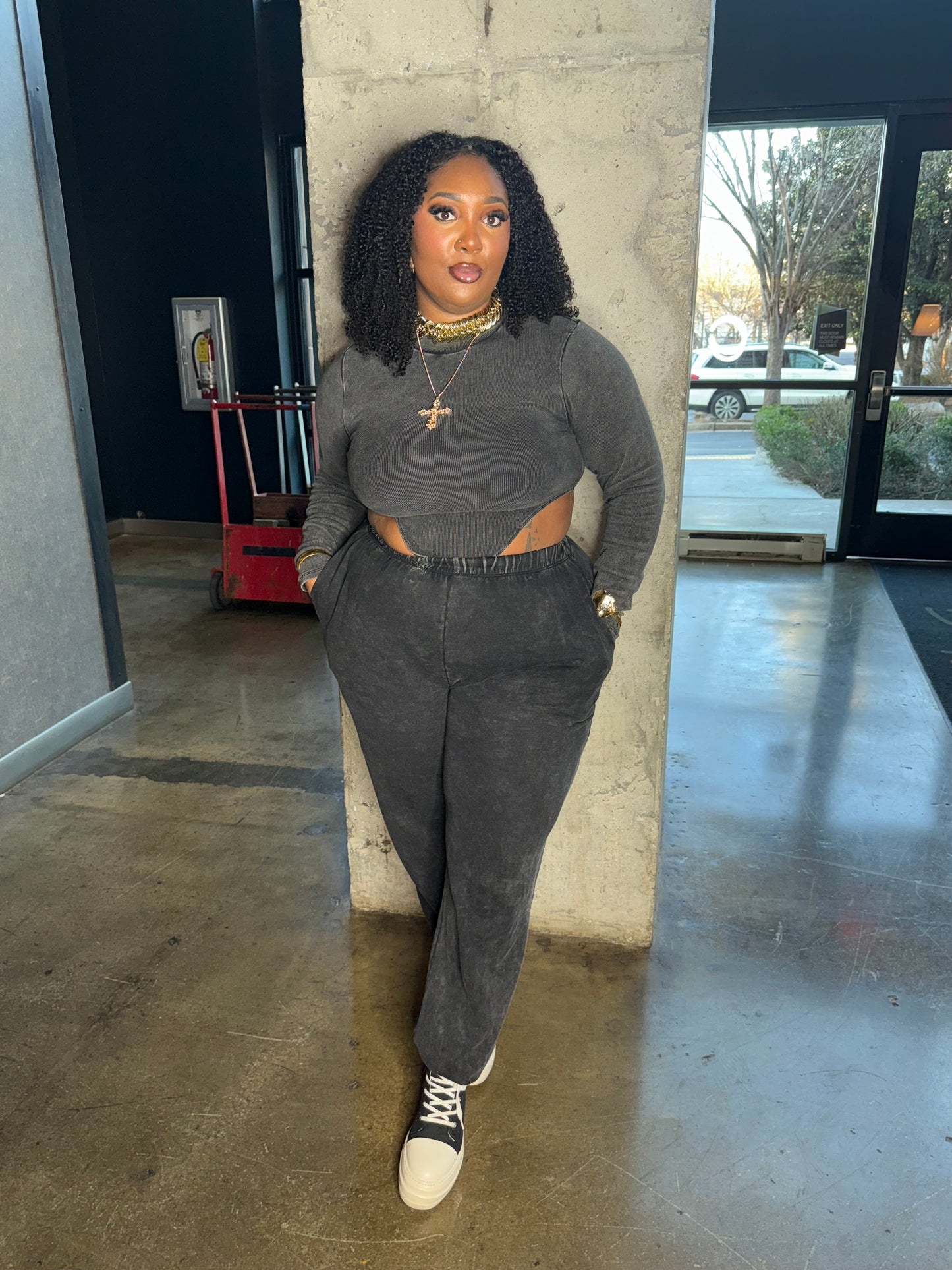 Mock Neck Bodysuit & Jogger Set Charcoal