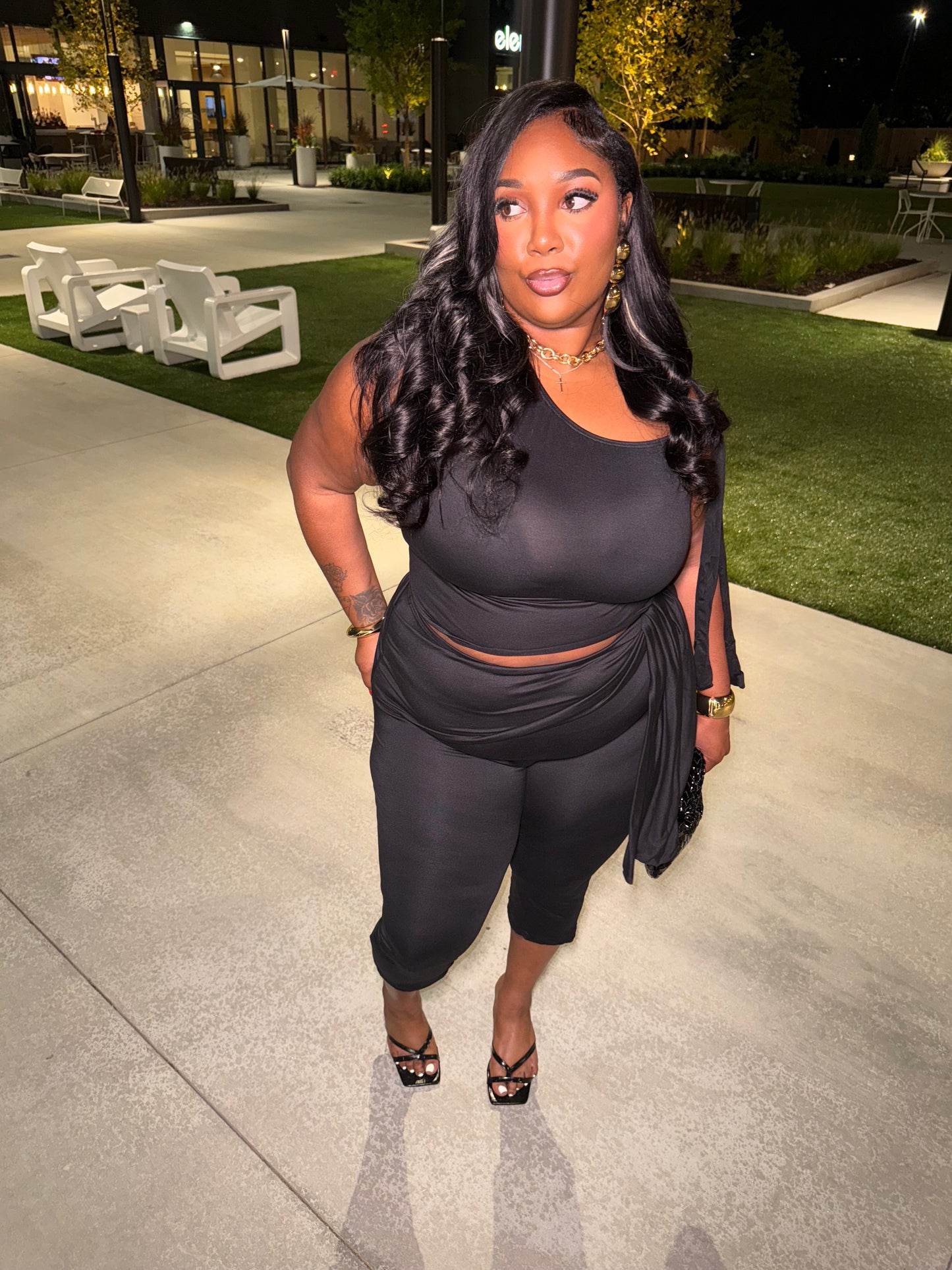 Black Asymmetrical Tie Top w Capri Set