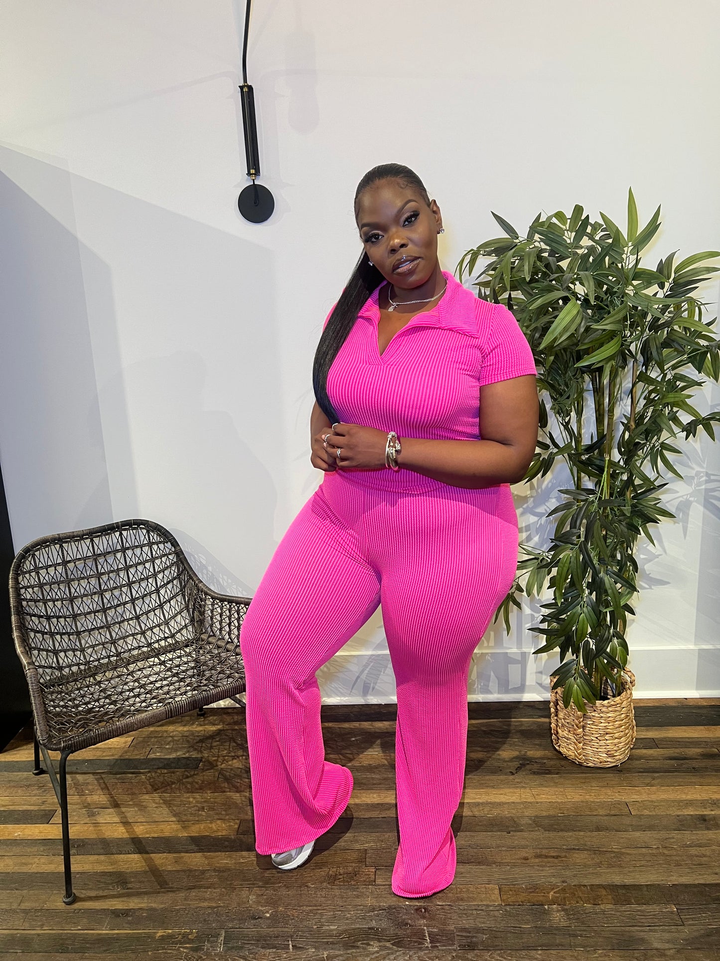 Pink Ribbed Flare Pant Set