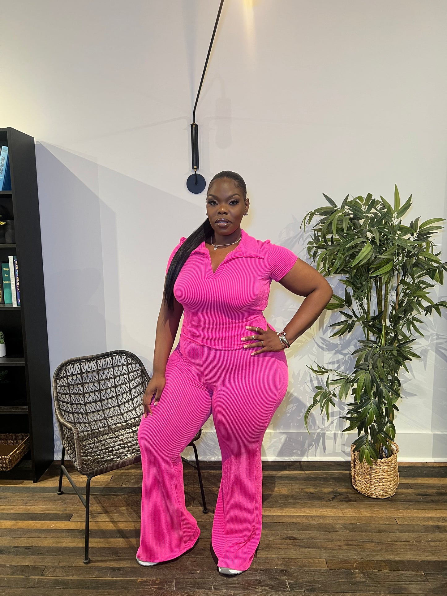 Pink Ribbed Flare Pant Set