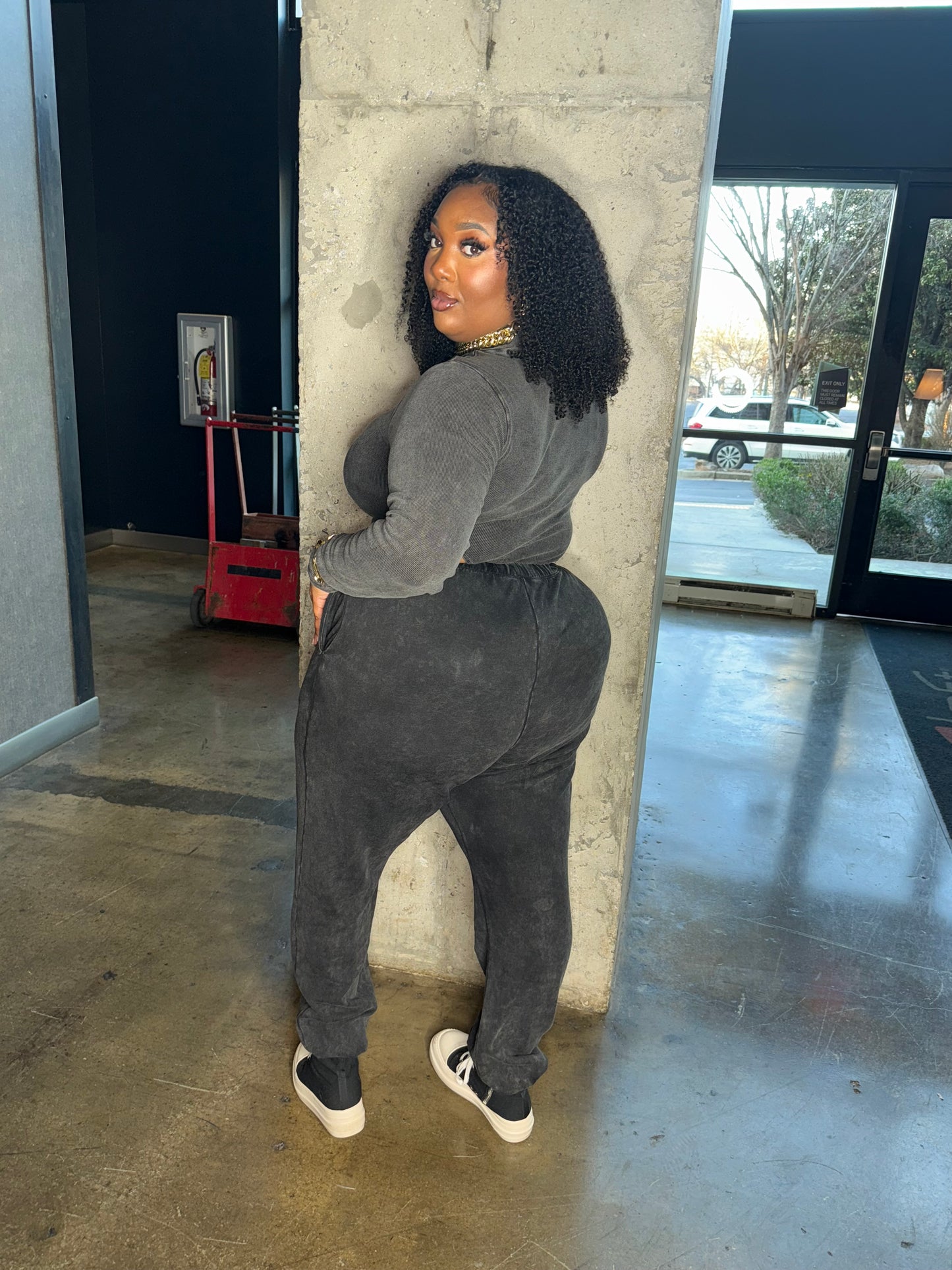 Mock Neck Bodysuit & Jogger Set Charcoal