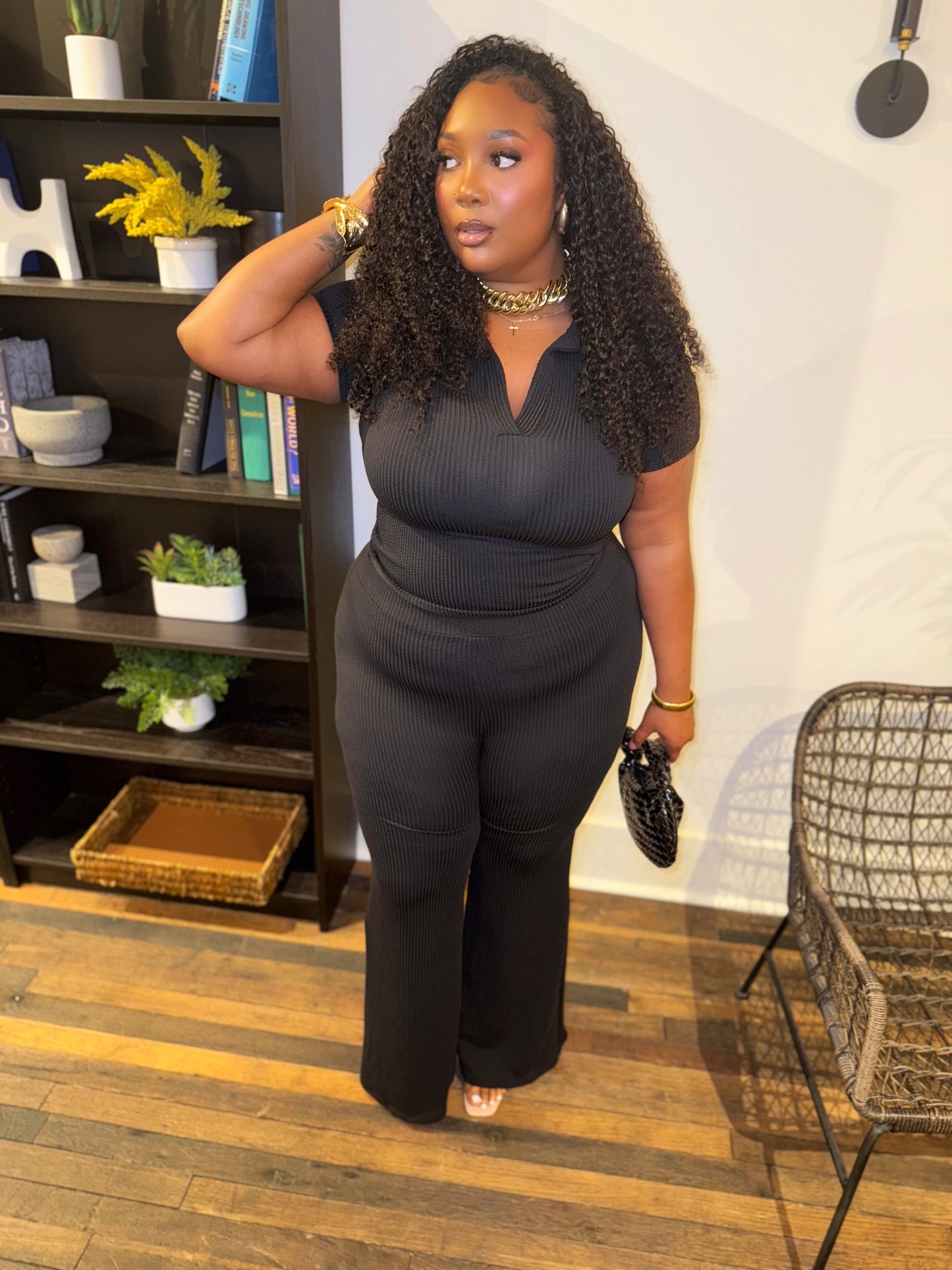 Black Ribbed Flare Pant Set