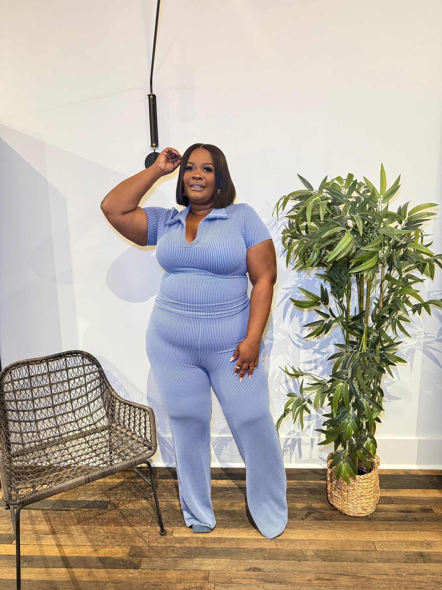 Blue Ribbed Flare Pant Set