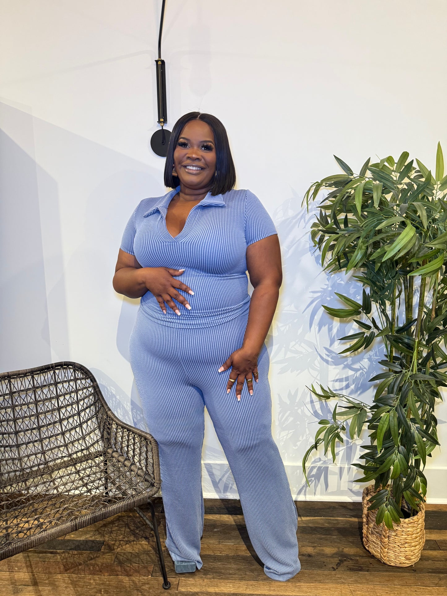 Blue Ribbed Flare Pant Set