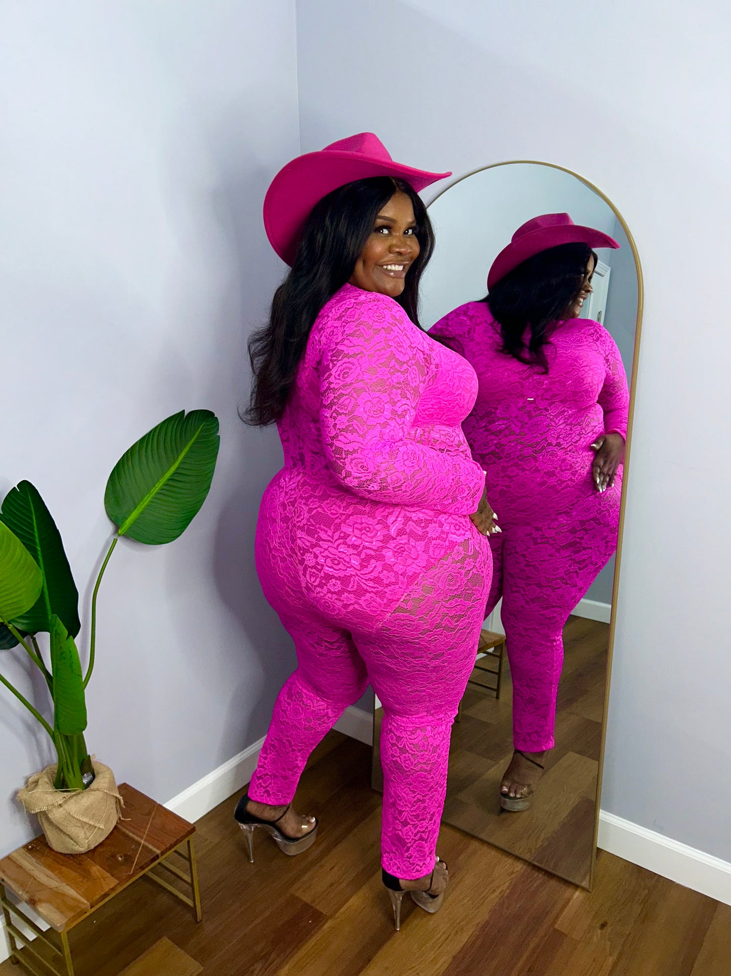 Lux Lace Jumpsuit & Satin Skirt Set Fuchsia