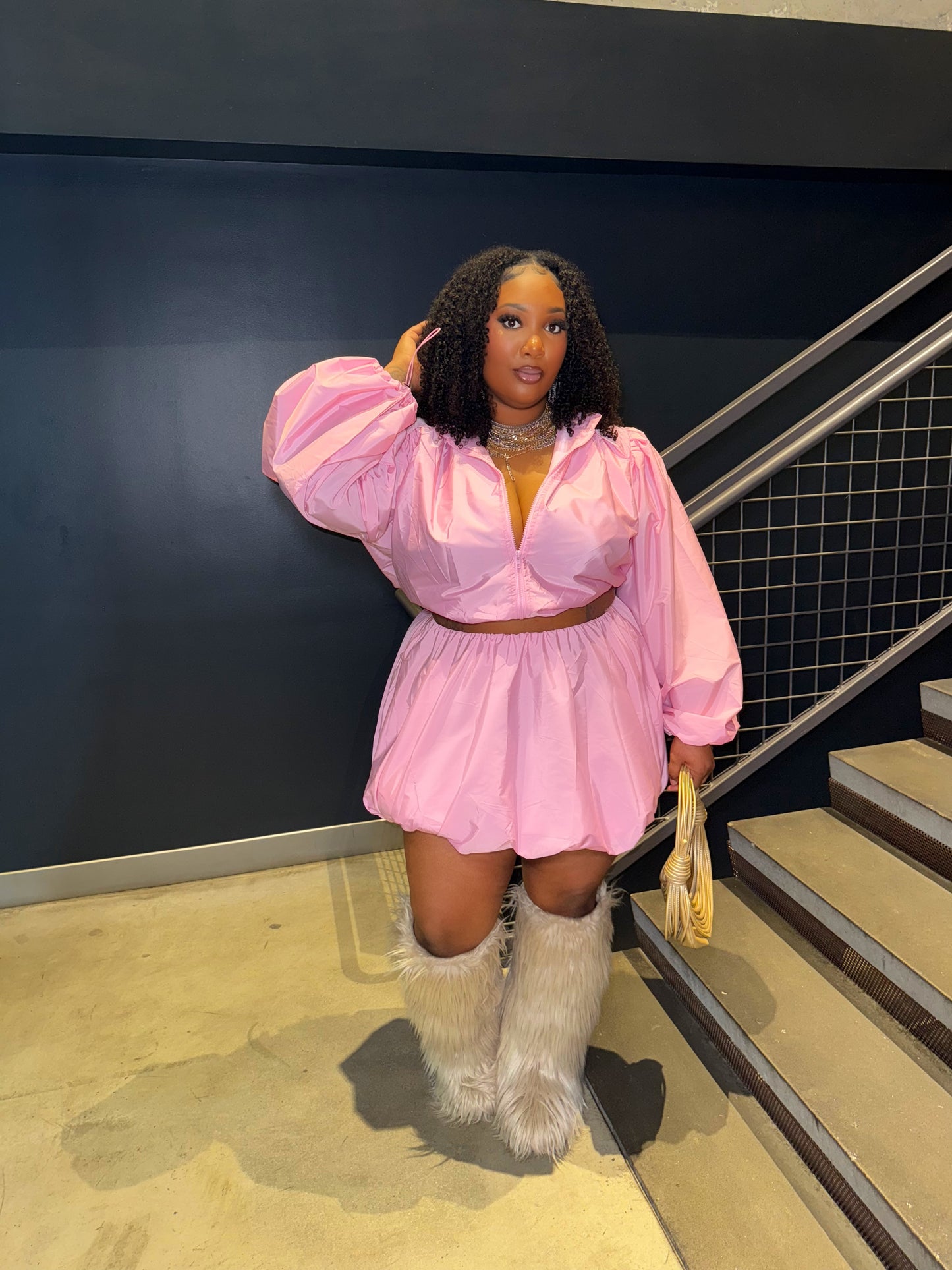 Windbreaker Bubble Skirt Set w Jacket Pink