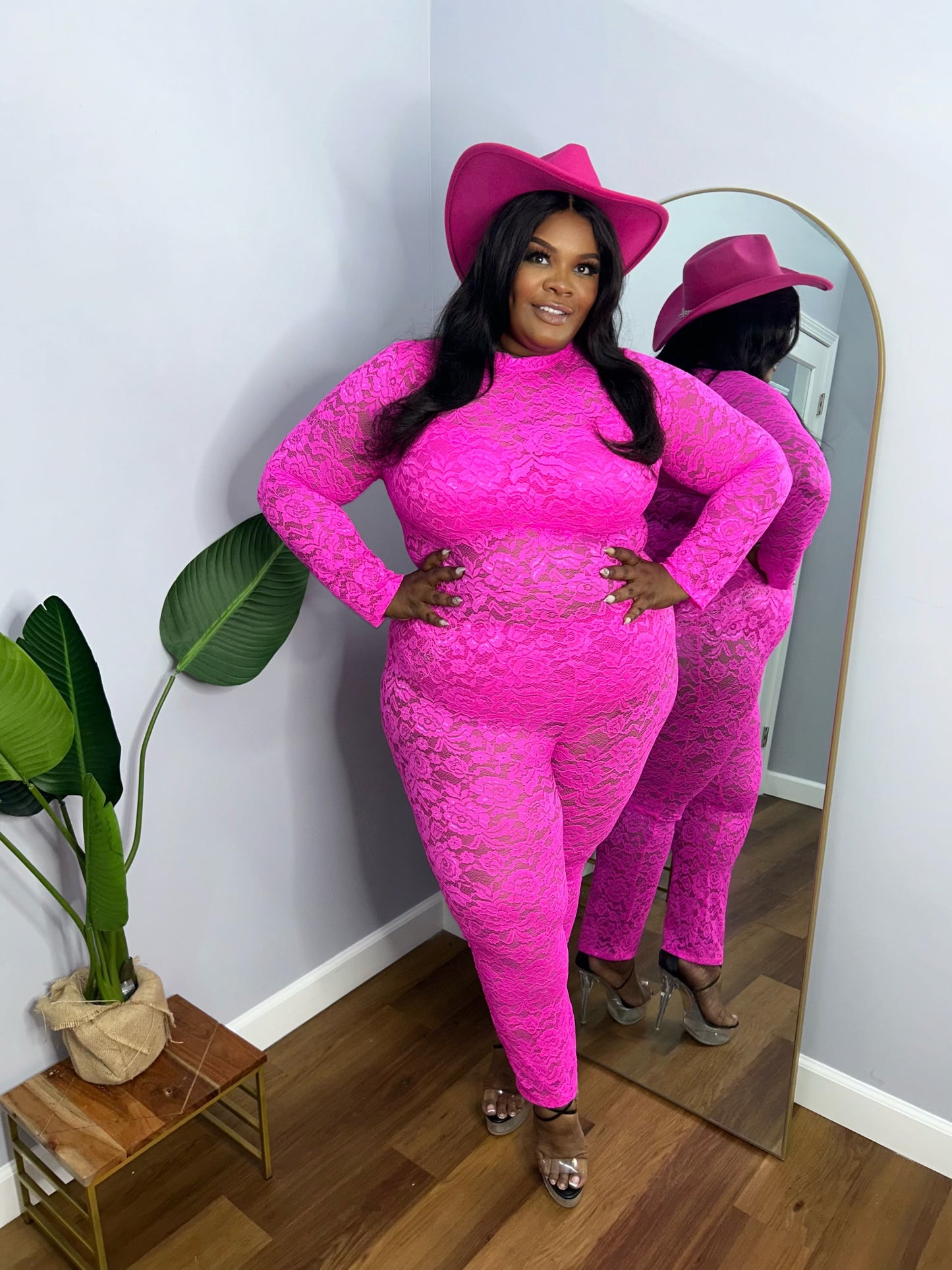 Lux Lace Jumpsuit & Satin Skirt Set Fuchsia