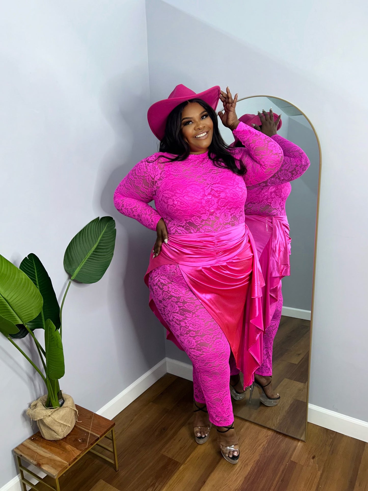 Lux Lace Jumpsuit & Satin Skirt Set Fuchsia