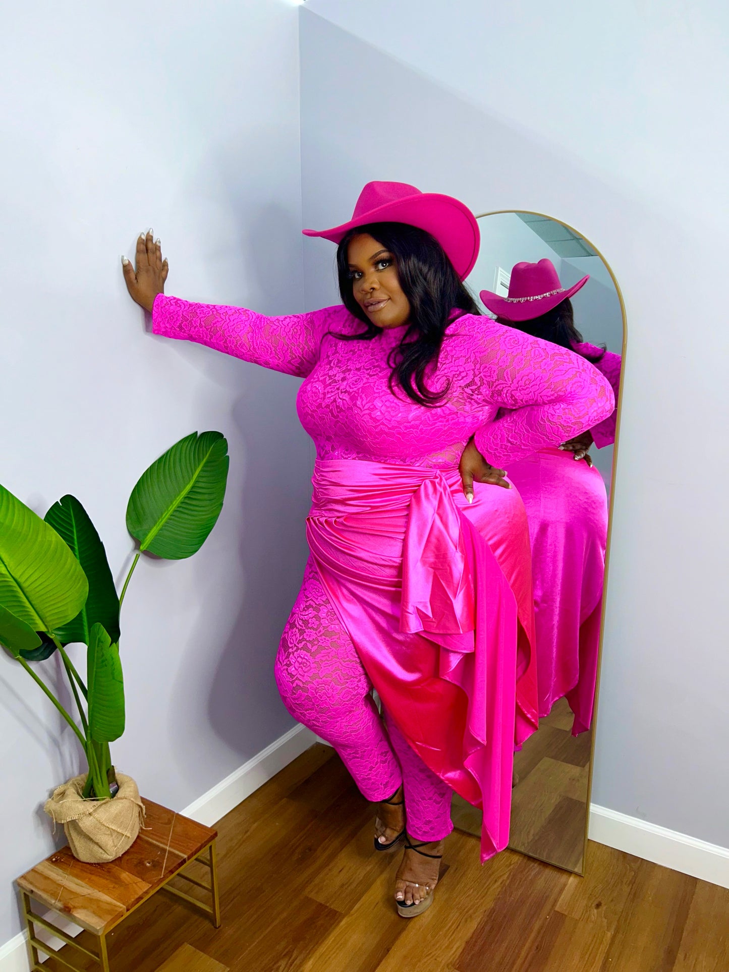 Lux Lace Jumpsuit & Satin Skirt Set Fuchsia