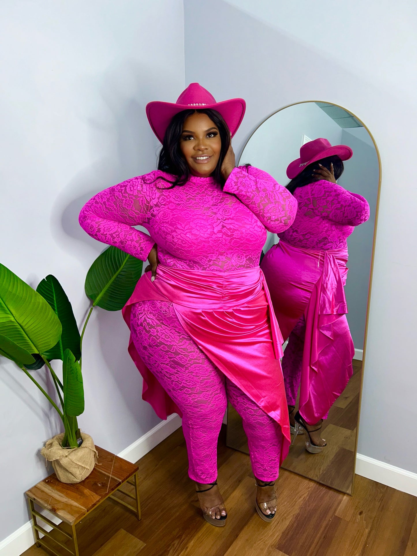 Lux Lace Jumpsuit & Satin Skirt Set Fuchsia