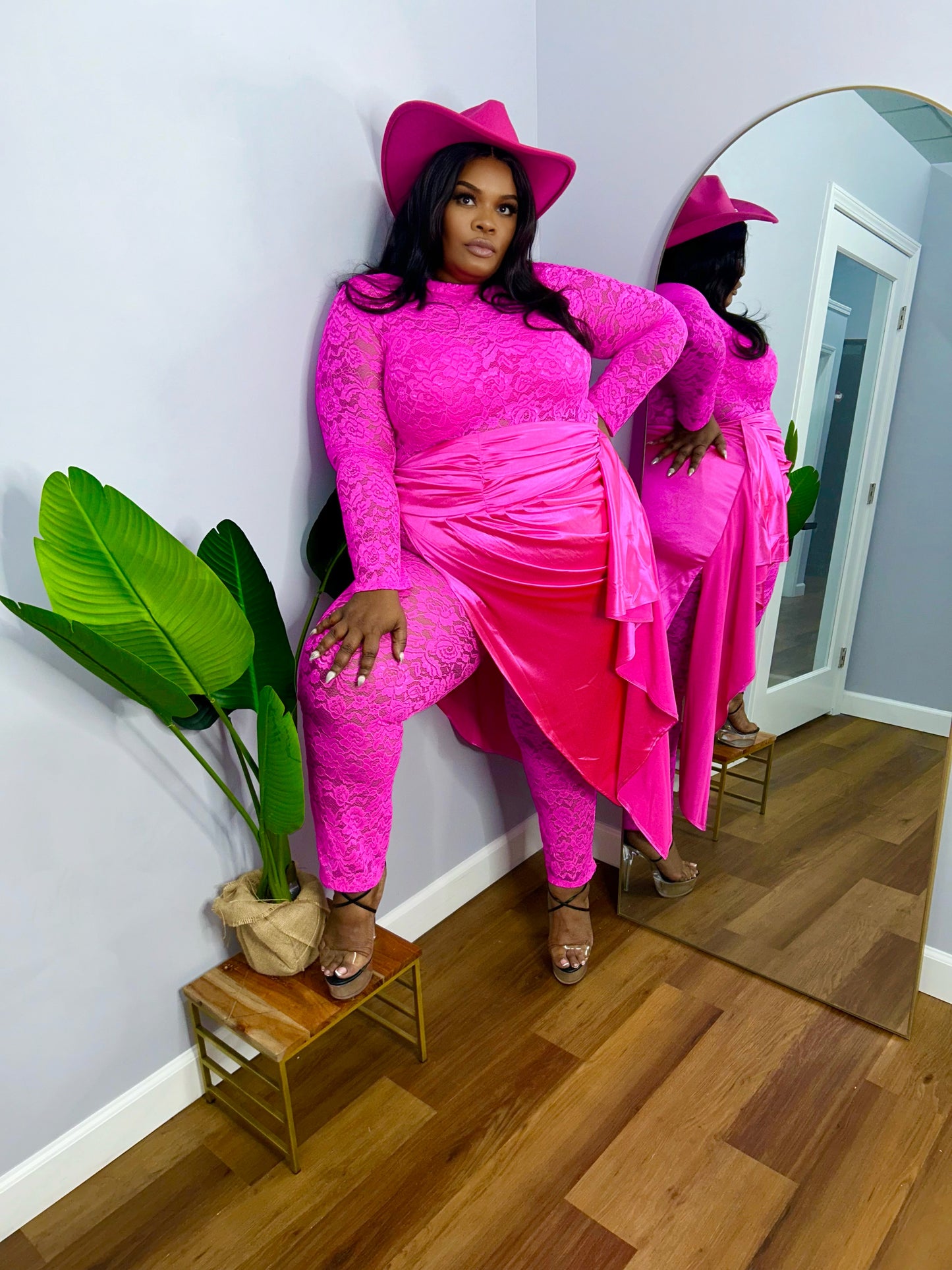 Lux Lace Jumpsuit & Satin Skirt Set Fuchsia