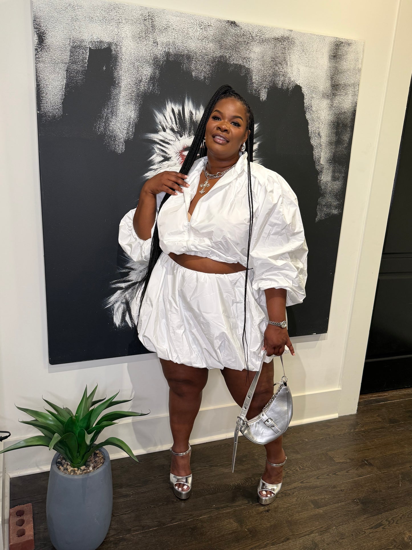 Windbreaker Bubble Skirt Set White