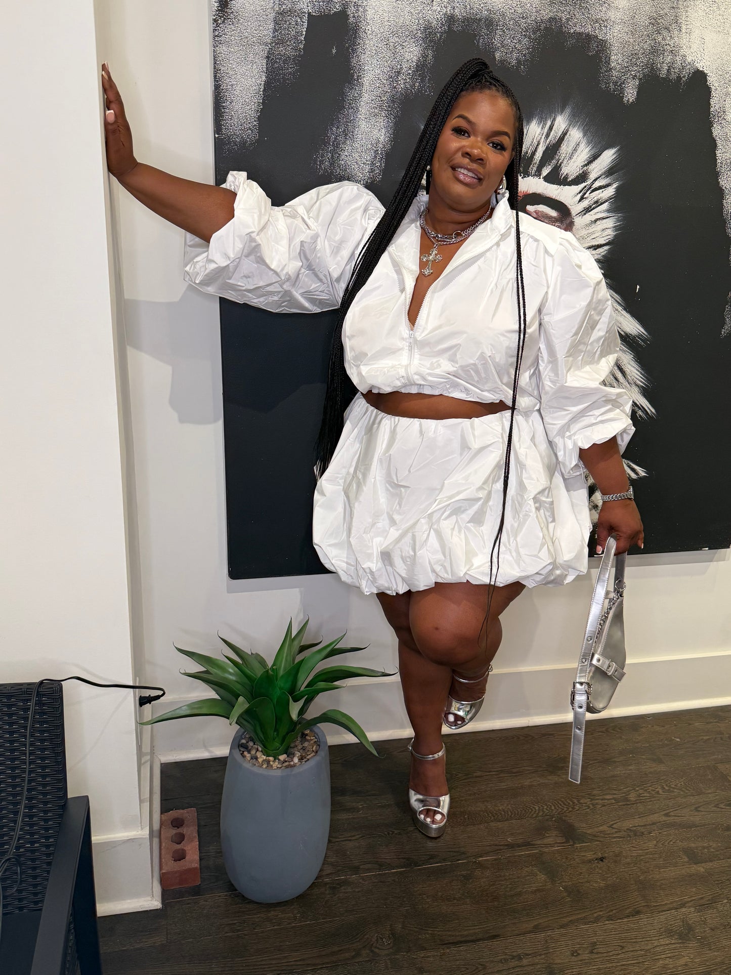 Windbreaker Bubble Skirt Set White