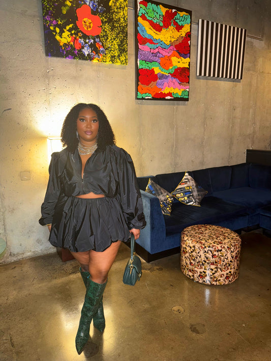 Windbreaker Bubble Skirt Set w Jacket Black