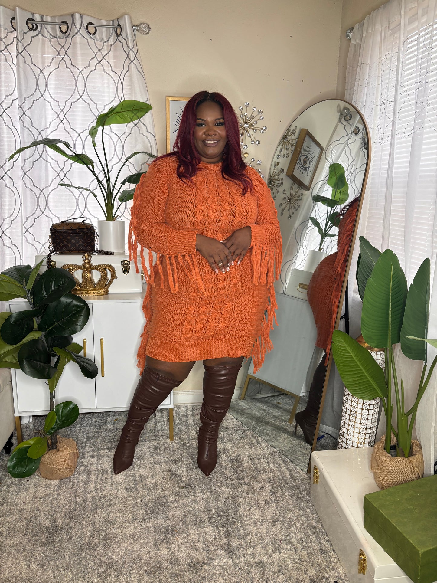 Sweater Fringe Dress Rust