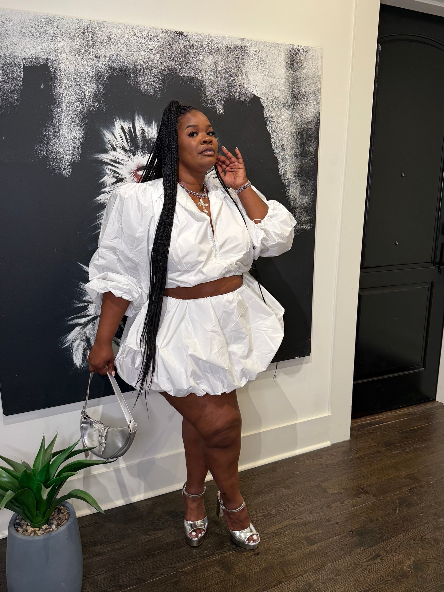 Windbreaker Bubble Skirt Set White