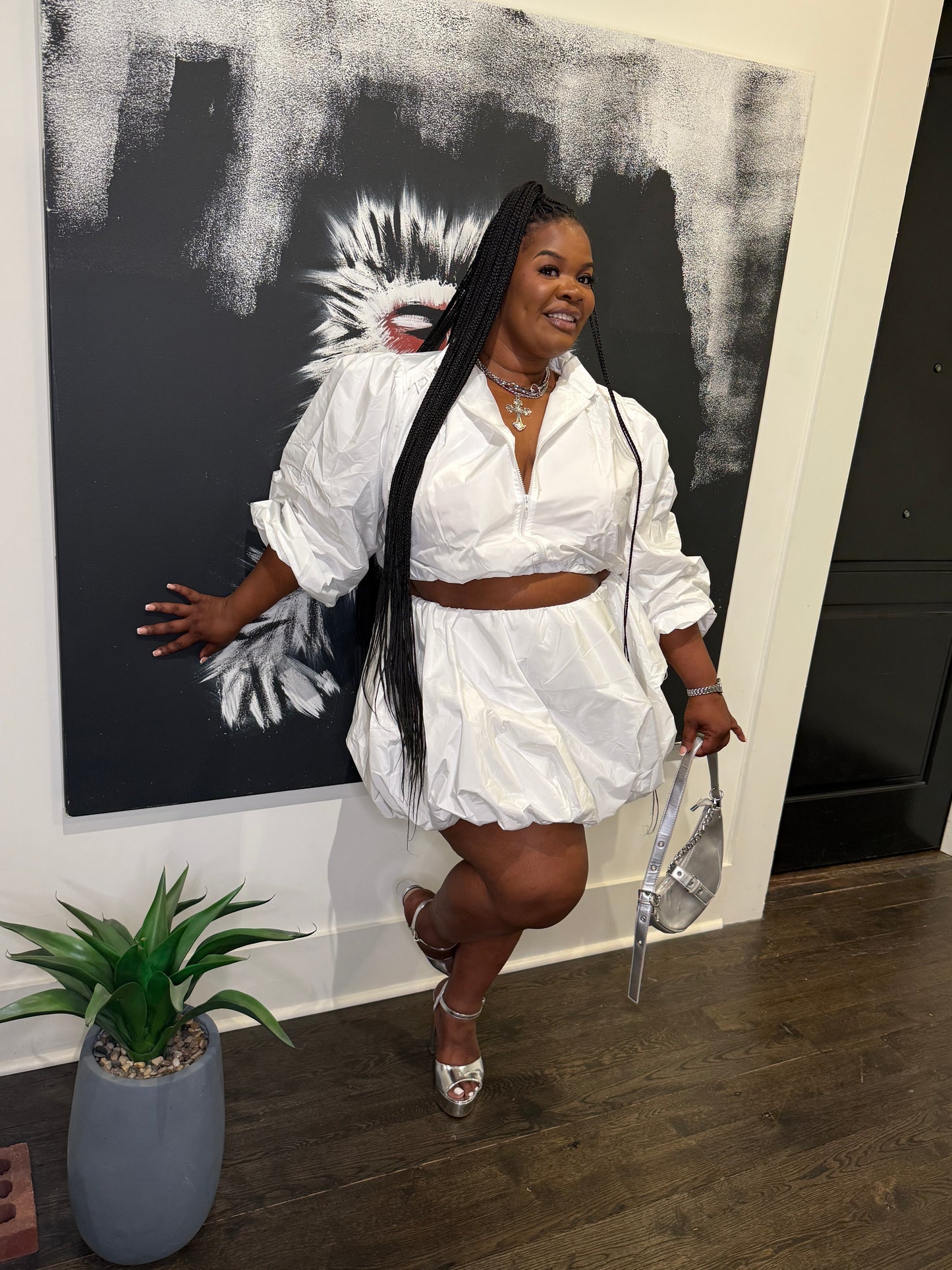 Windbreaker Bubble Skirt Set White